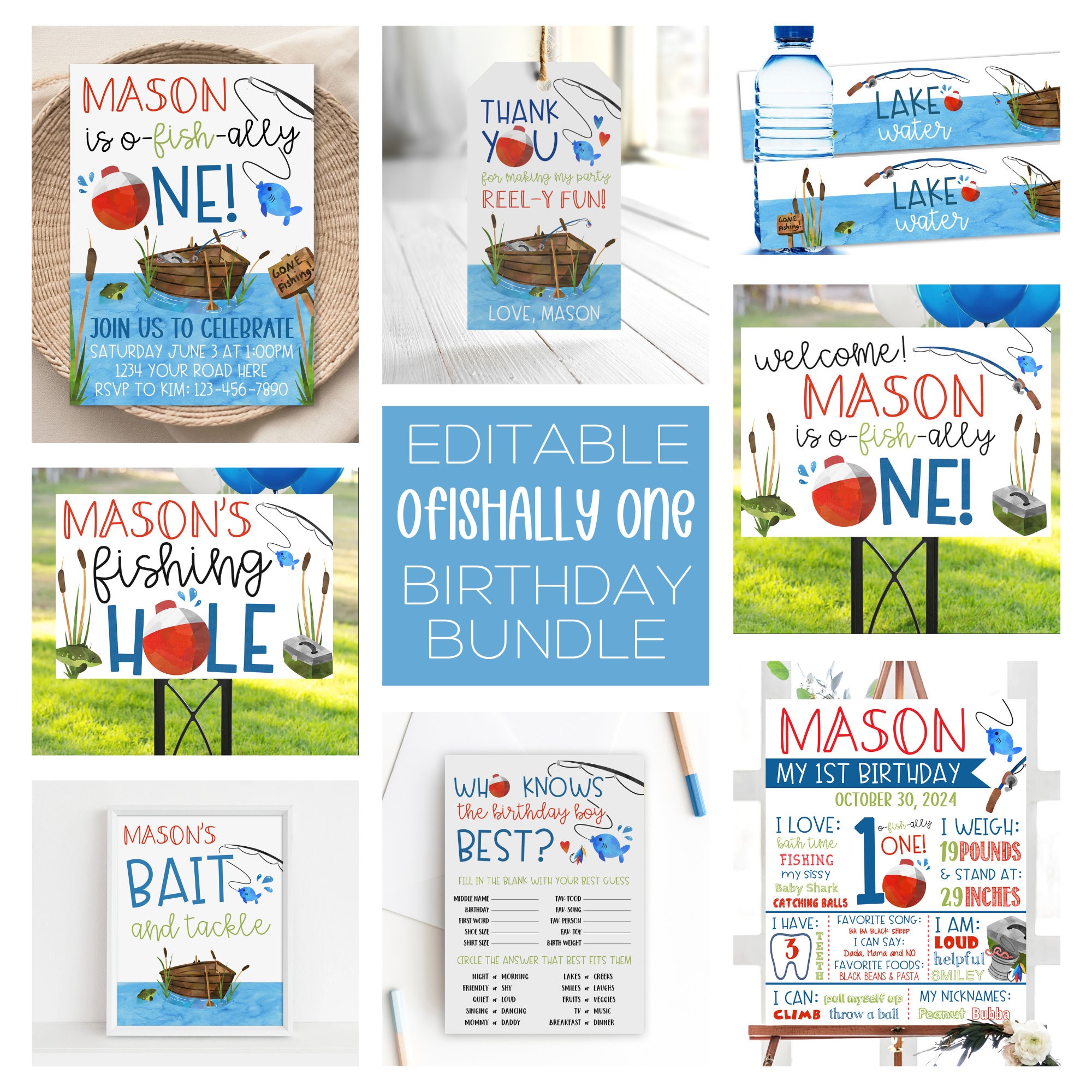 OFishally One Birthday Printable Bundle Editable Fishing Party Package Fishing Invitation Corjl Fish First Birthday Party