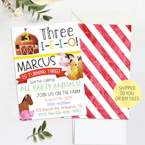May include: A colorful invitation for a farm-themed birthday party for a child named Marcus turning three. The invitation features a red barn with a yellow roof, a cow, a pig, a horse, and a chick. The text on the invitation reads "Three I-E-I-O! Marcus is turning three! We're calling all party animals! Join us on the farm August 26, 2019 2:00-4:00pm 123 Robust Rd, Arlington, TX RSVP: Kim 123-456-7890"