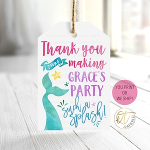 Étiquette de remerciement d'anniversaire de sirène, étiquette de faveur sirène, étiquette de cadeau sirène, sous l'étiquette de la mer, étiquette d'anniversaire de sirène, étiquette sirène