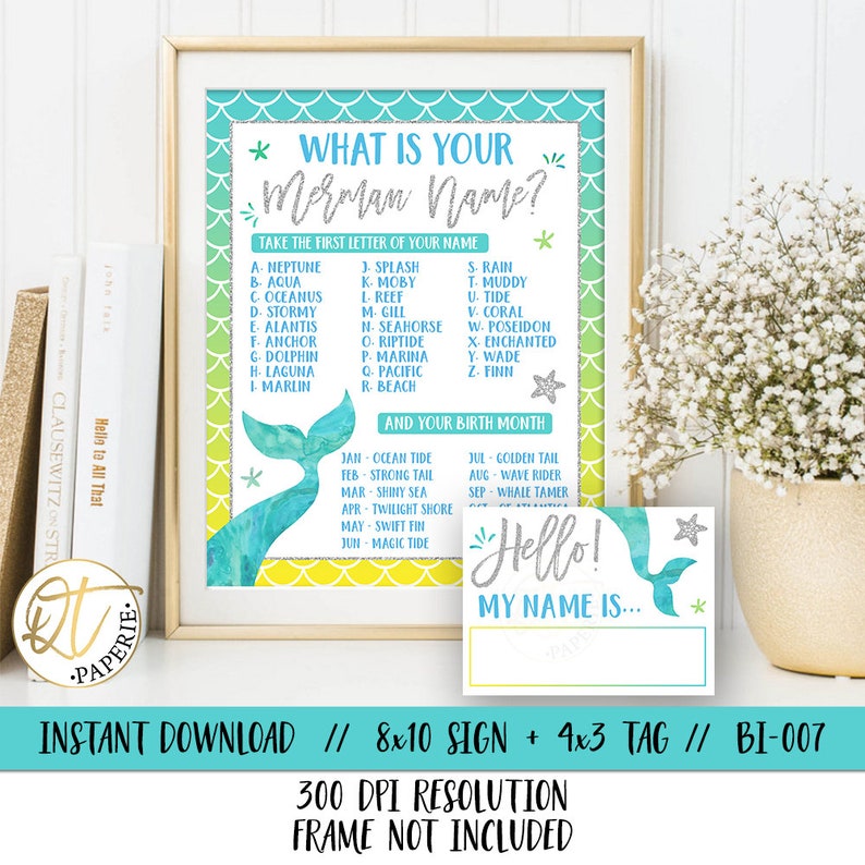 Merman Name Tag Game, Merman Name Printable, Merman Party Game, Mermaid ...