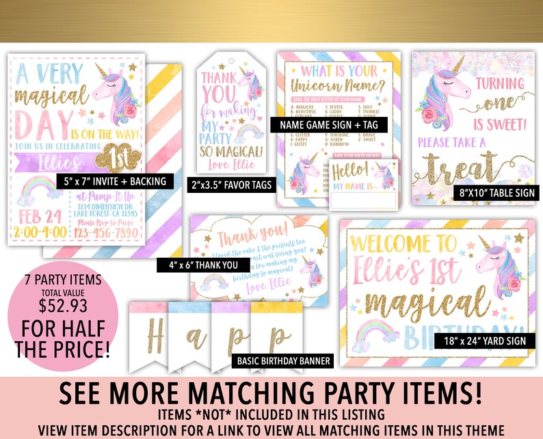 Puede incluir: Un conjunto de 7 decoraciones de fiesta con tem&aacute;tica de unicornio para un primer cumplea&ntilde;os. El conjunto incluye una invitaci&oacute;n de 13x18 cm, una tarjeta de agradecimiento de 10x15 cm, una etiqueta de favor de 5x9 cm, un cartel de juego de nombres, un cartel de mesa, un cartel de jard&iacute;n y una pancarta de cumplea&ntilde;os b&aacute;sica. Las decoraciones presentan un unicornio con un arco&iacute;ris, estrellas y purpurina. Los colores son rosa, morado, azul, amarillo y dorado.