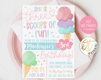 Three Scoops of Fun 3rd Birthday Invitation, Ice Cream Birthday Invite, Sweet Shop Party Invitation, Printable Third Birthday Invite Corjl