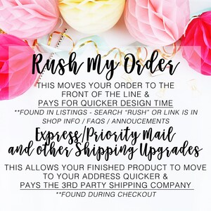 May include: Text graphic with the words "Rush My Order" in pink and black. The text explains that this option moves your order to the front of the line and pays for quicker design time. It also explains that "Express/Priority Mail and other Shipping Upgrades" allows your finished product to move to your address quicker and pays the 3rd party shipping company. The text also includes instructions on where to find this option.