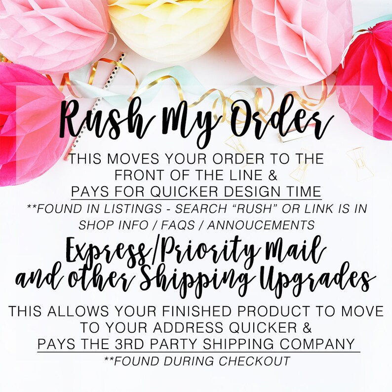 May include: Text graphic with the words "Rush My Order" in pink and black. The text explains that this option moves your order to the front of the line and pays for quicker design time. It also explains that "Express/Priority Mail and other Shipping Upgrades" allows your finished product to move to your address quicker and pays the 3rd party shipping company. The text also includes instructions on where to find this option.