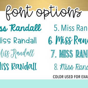 May include: Eight different font options for the name "Miss Randall" in teal blue. The text "COLOR USED FOR EXAMPLES IS B6" is at the bottom of the image.