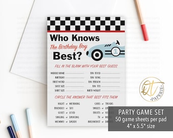 May include: A party game set with a racing car graphic. The game card features the text "Who Knows The Birthday Boy Best?" with fill-in-the-blank questions and multiple-choice options. The set includes 50 game sheets per pad, each measuring 4" x 5.5".