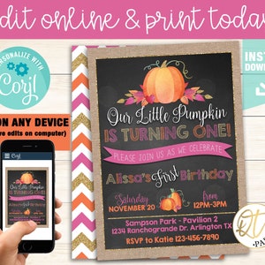 Little Pumpkin Invitation Template, Girl Pumpkin Invite, Pumpkin First Birthday, Pumpkin Instant Download Invitation, Pumpkin 1st Birthday image 1