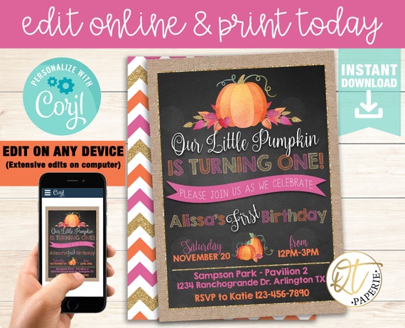 Little Pumpkin Invitation Template, Girl Pumpkin Invite, Pumpkin First Birthday, Pumpkin Instant Download Invitation, Pumpkin 1st Birthday