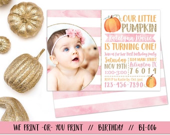 Our Little Pumpkin Invitation, Pumpkin 1st Birthday Invitation, Fall Birthday Invitation, Pumpkin First Birthday. Girl Pumpkin Invitation