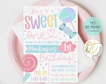 Candy 1st Birthday Invitation, Sweet One First Birthday Invitation, Sweets Party Invitation, Lollipop Birthday Invite, Printable Instant