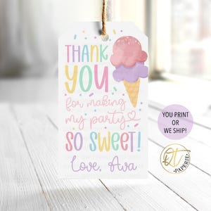Étiquette de remerciement crème glacée, fête d'anniversaire si douce, merci, deux étiquettes d'anniversaire douces, étiquette de cadeau imprimée, décoration de fête Sweet One