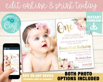 May include: A printable first birthday invitation with a pink floral design. The invitation features a photo of a baby girl wearing a pink headband and a gold glitter "One" with the text "Reina's First Birthday" and details for the party.