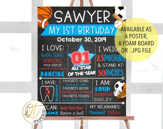 Sports Birthday Chalkboard, All Star Birthday Sign, MVP Birthday Chalkboard, Sports First Birthday, Sports 1st Birthday Poster, Sports party