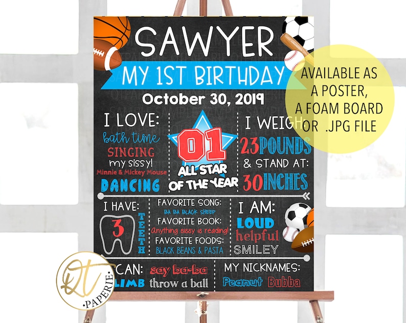 Sports Birthday Chalkboard, All Star Birthday Sign, MVP Birthday Chalkboard, Sports First Birthday, Sports 1st Birthday Poster, Sports party bild 1