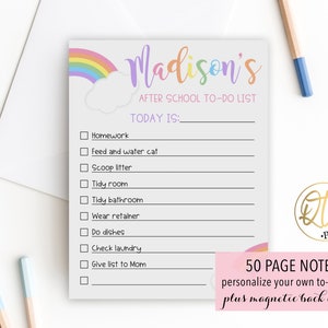 May include: A pink and purple notepad with a rainbow and cloud design. The notepad has a checklist with the text "Madison's After School To-Do List" and "Today Is:" followed by a list of tasks. The notepad is 50 pages and has a magnetic back option.