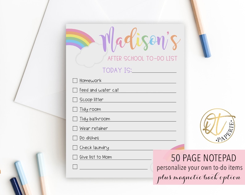 May include: A pink and purple notepad with a rainbow and cloud design. The notepad has a checklist with the text "Madison's After School To-Do List" and "Today Is:" followed by a list of tasks. The notepad is 50 pages and has a magnetic back option.