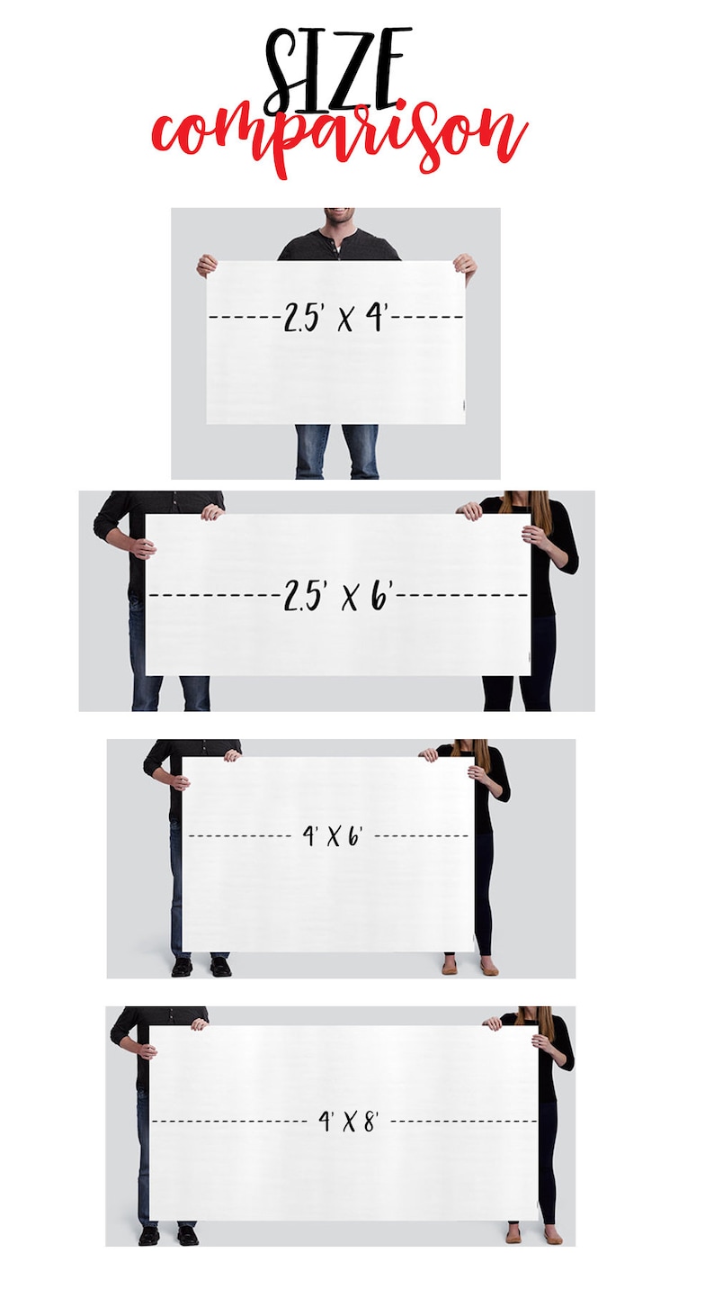 Pu&ograve; includere: Confronto delle dimensioni di quattro diverse stampe su tela. Le stampe sono tenute da persone e mostrano le dimensioni in piedi: 2,5' x 4', 2,5' x 6', 4' x 6' e 4' x 8'.