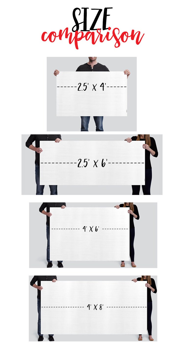 May include: Size comparison of four different canvas prints. The prints are held by people and show the dimensions in feet: 2.5' x 4', 2.5' x 6', 4' x 6', and 4' x 8'.
