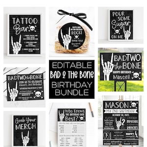 May include: A selection of black and white birthday party decorations with a rock and roll theme. Includes signs with phrases like "Tattoo Bar," "Pour Some Sugar On Me," and "Bad Two the Bone." Also includes a birthday bundle.