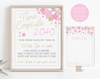 Star Time Capsule, Star First Birthday Decoration, Pink Twinkle Twinkle Little Star 1st Birthday Supplies, Printed Time Capsule Sign Cards