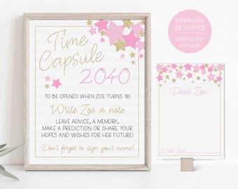 Star Time Capsule, Star First Birthday Decoration, Pink Twinkle Twinkle Little Star 1st Birthday Supplies, Printed Time Capsule Sign Cards