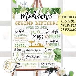 May include: A green and gold jungle-themed birthday sign for a child turning two years old. The sign includes the child's name, age, birthday date, and fun facts about the child, such as their favorite foods and songs.