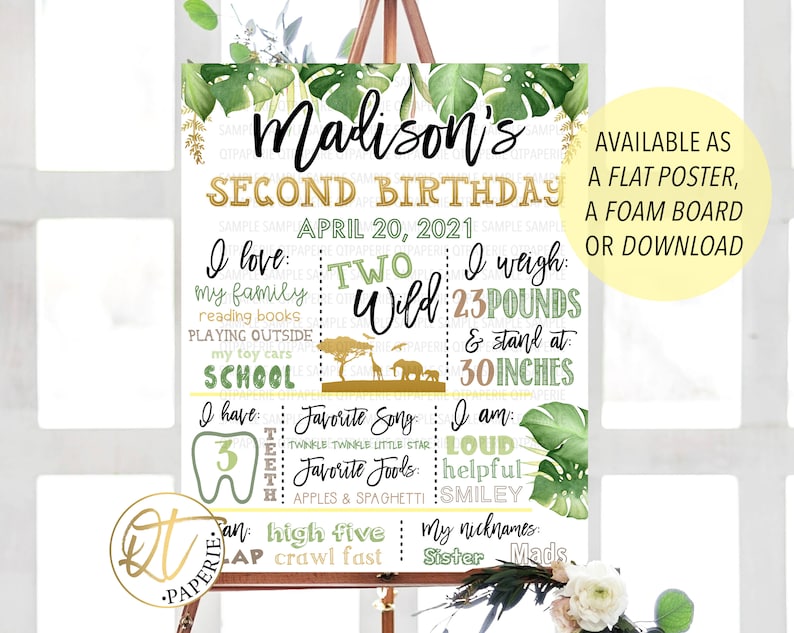 May include: A green and gold jungle-themed birthday sign for a child turning two years old. The sign includes the child's name, age, birthday date, and fun facts about the child, such as their favorite foods and songs.