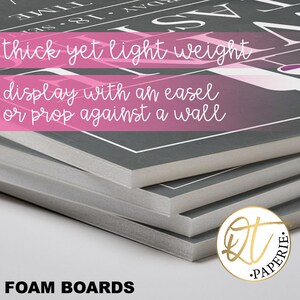 Op de afbeelding: Close-up van een stapel grijze schuimplaten. De platen zijn dik maar licht, waardoor ze gemakkelijk te tonen zijn met een ezel of tegen een muur te plaatsen. De tekst "thick yet light weight" en "display with an easel or prop against a wall" is op de platen gedrukt. De tekst "FOAM BOARDS" is onder de stapel platen gedrukt.