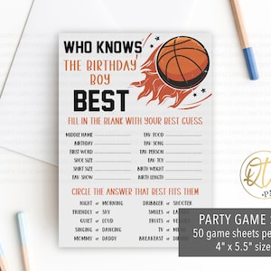 Jeu d'anniversaire de basket-ball, jeu de fête de basket-ball, qui connaît le meilleur jeu de garçon d'anniversaire, MVP 1er anniversaire jeu, jeu imprimé recrue