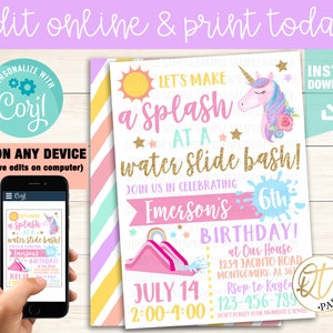 Op de afbeelding: Een uitnodiging voor een feestje met een eenhoorn, zon en waterglijbaan illustratie. De tekst luidt "Let's Make a Splash at a Water Slide Bash!" en bevat details voor een 6e verjaardagsfeest, inclusief datum, tijd en locatie.
