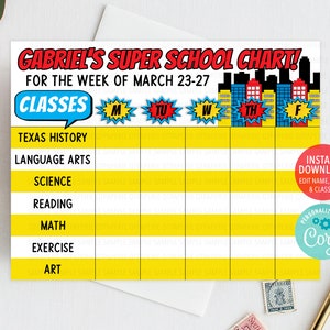 Superhero School Schedule Planner, Printable Super Hero Weekly Task List, Boys Weekly School Chart, Editable Superhero Homeschool Chart