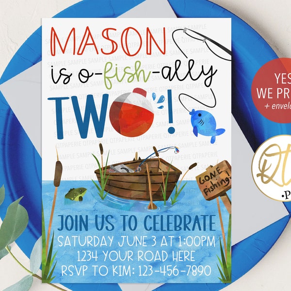 Ofishally Two Invitation, Fishing Birthday Invitation, Fish 2nd Birthday Invite, Fish Birthday Invitation, Printed O-Fish-Ally Invitation