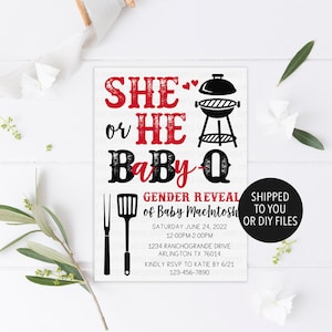 Baby Q Gender Reveal Invitation, Baby Q Invitation, BBQ Gender Reveal Invite, Bun in Oven Burger on Grill Invitation, Baby Q Invite Red