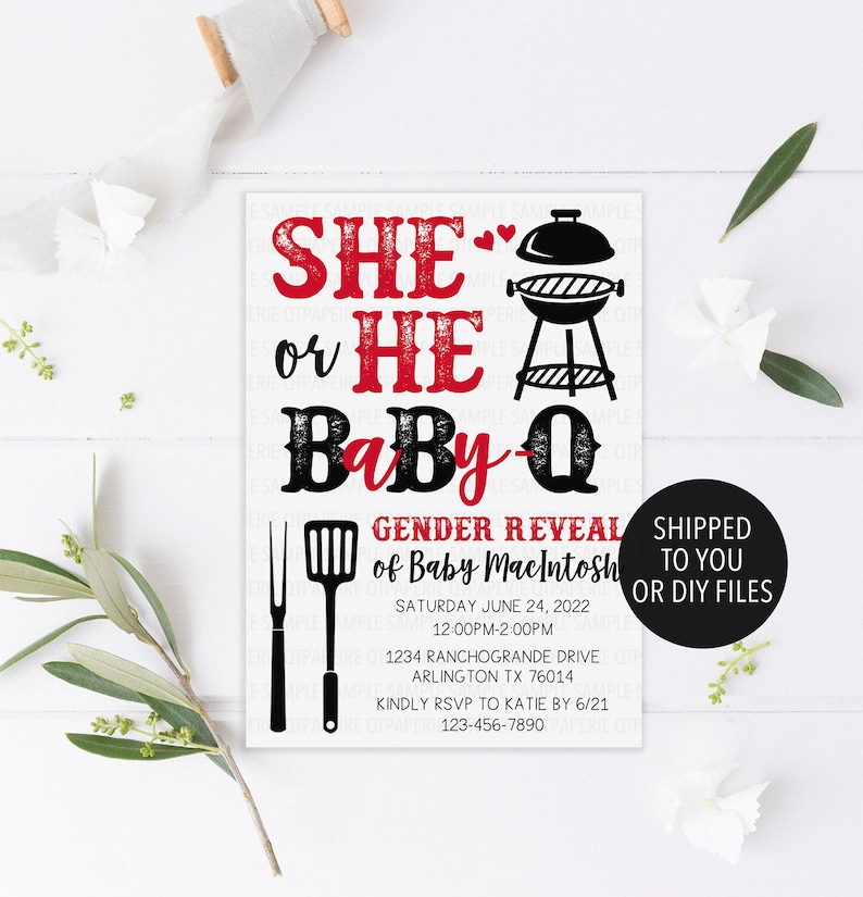 Baby Q Gender Reveal Invitation, Baby Q Invitation, BBQ Gender Reveal Invite, Bun in Oven Burger on Grill Invitation, Baby Q Invite Red