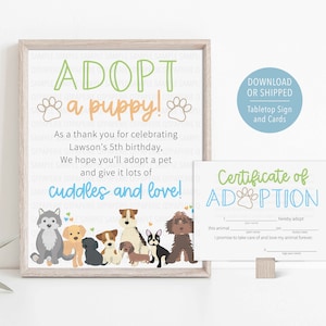 Boy Adopt a Puppy Sign, Puppy Adoption Certificate, Puppy Birthday, Dog Animal Adoption, Stuffed Dog Adoption, Puppy Birthday Decor