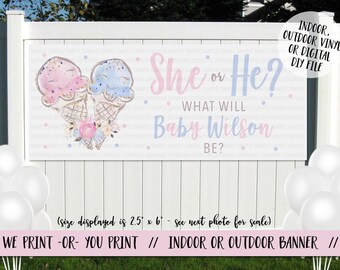 Pastel Ice Cream Gender Reveal Banner, Ice Cream Banner, She or He Backdrop, Outdoor Vinyl Banner, Whats the Scoop Reveal Decoration