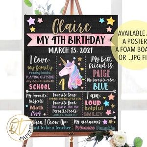 May include: A chalkboard birthday sign featuring a unicorn illustration and the text "Claire My 4th Birthday March 13, 2021". The sign lists the birthday girl's favourite things, including her favourite colour, blue, and her best friend, Paige.