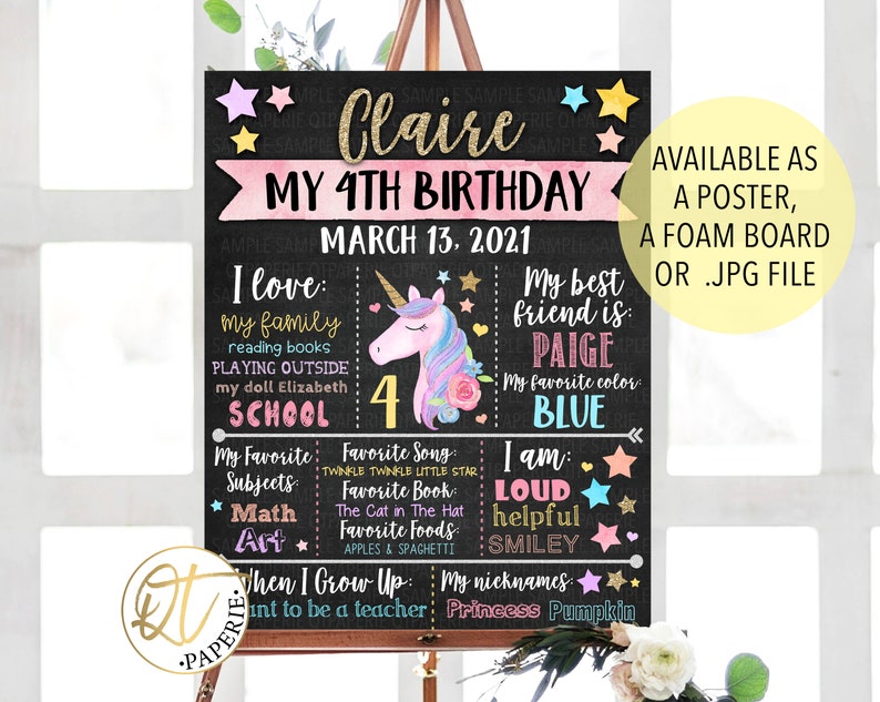 May include: A chalkboard birthday sign featuring a unicorn illustration and the text "Claire My 4th Birthday March 13, 2021". The sign lists the birthday girl's favourite things, including her favourite colour, blue, and her best friend, Paige.