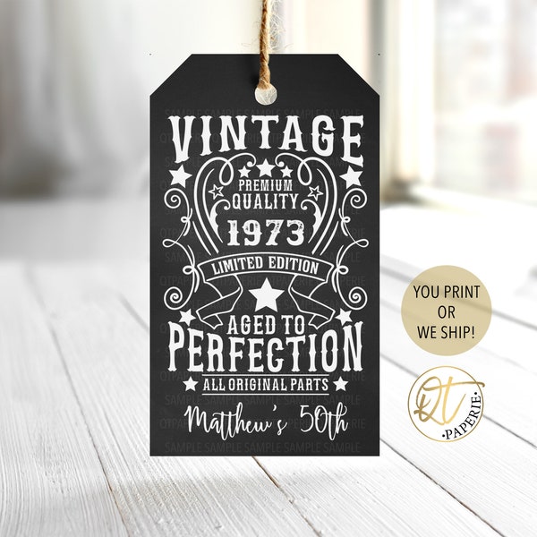 Aged to Perfection Whiskey Tag, 50 Birthday Tag, Vintage Birthday Decoration, Whiskey Party Favor Tag, Printed Aged Whiskey Tag