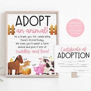 Girl Farm Animal Adoption Sign, Pink Farm Adopt an Animal, Adoption Certificate, Barnyard Bash, Stuffed Animal Adoption, Farm Birthday Decor