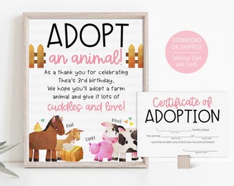 Girl Farm Animal Adoption Sign, Pink Farm Adopt an Animal, Adoption Certificate, Barnyard Bash, Stuffed Animal Adoption, Farm Birthday Decor