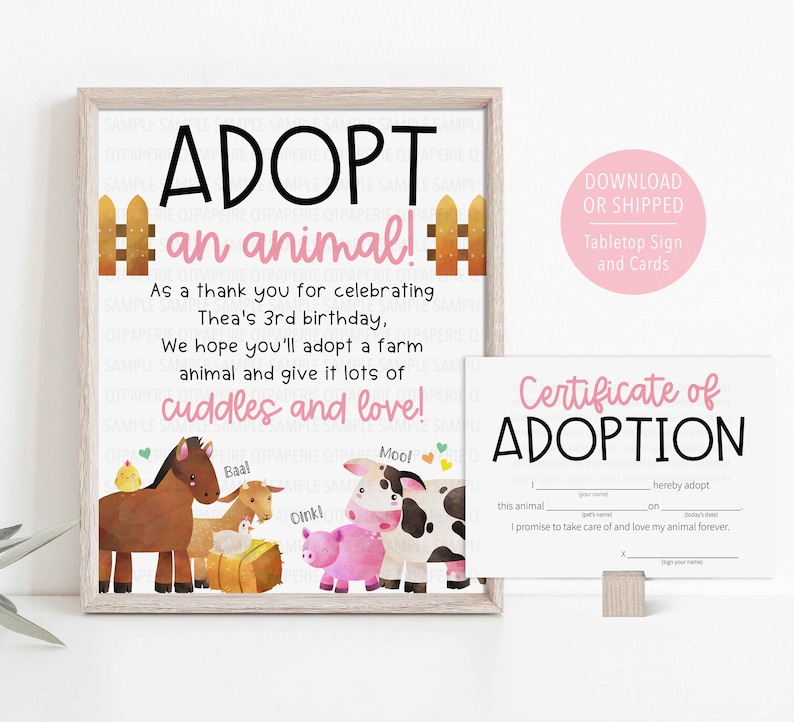 Girl Farm Animal Adoption Sign, Pink Farm Adopt an Animal, Adoption Certificate, Barnyard Bash, Stuffed Animal Adoption, Farm Birthday Decor Pink