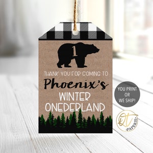 Étiquette d’anniversaire rustique Onederland, étiquette de remerciement d’hiver de garçon, étiquette de faveur de fête d’hiver Woodland, étiquette de plaid de buffle noir blanc, étiquette de remerciement d’ours