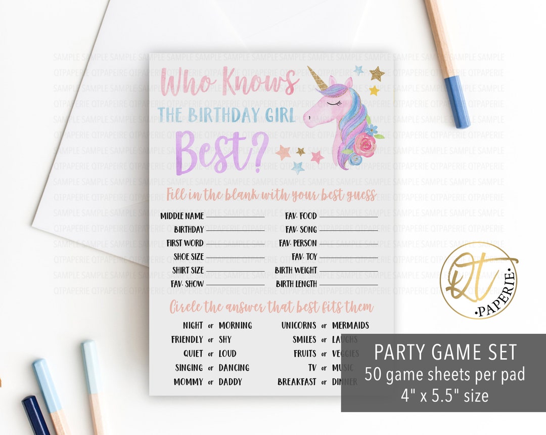Unicorn Birthday Game, Magical Birthday Party Game, Who Knows the Birthday Girl Best Game