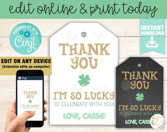 St Patricks Day Dank u Tag Bewerkbaar, St Patricks Birthday Favor Tag, Shamrock Dank u Tag, bewerkbare Shamrock Verjaardag Tag