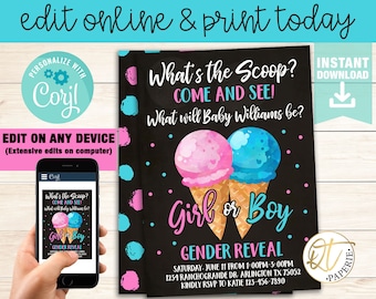Whats the Scoop Gender Reveal Invitation, Ice Cream Gender Reveal, Whats the Scoop Invitation, Instant Download Whats The Scoop Invite
