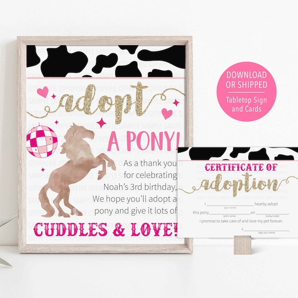 Disco Cowgirl Pony Adoption Sign, Adopt a Pony, Space Cowgirl Horse Birthday Decoration, Pony Animal Adoption, Pink Horse Adoption