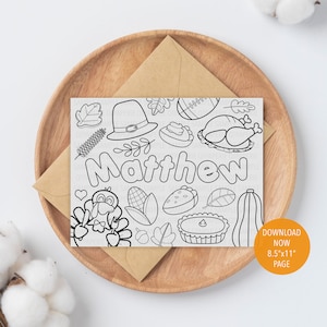 Hoja para colorear de Acción de Gracias, Página para colorear con el nombre de Acción de Gracias, Juego de cena de Acción de Gracias, Actividad de Acción de Gracias para niños, Personalizada