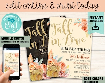 Fall Baby Shower Invitation Template, Pumpkin Baby Shower Invitation, Fall in Love Bridal Shower Invitation, Pumpkin Fall in Love Invite