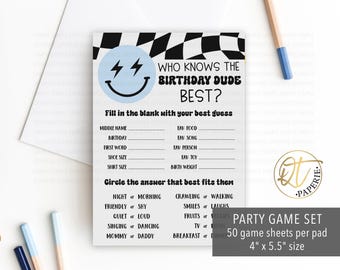 Blue One Happy Dude Birthday Game, Who Knows the Birthday Dude Best, 1st Birthday Party, Smiley Face Theme Activity, First Birthday Game Pad
